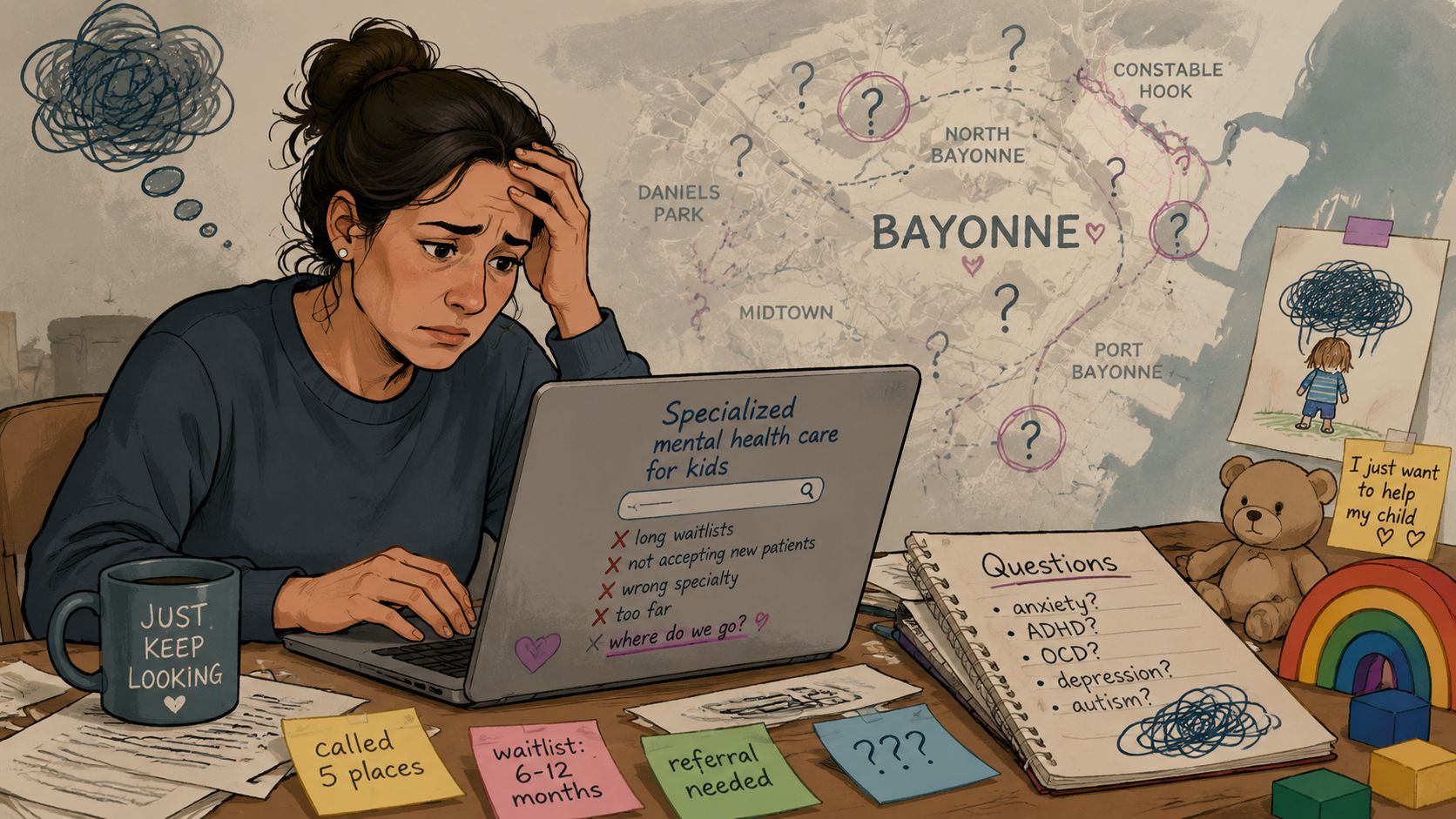 A stressed mother searching for pediatric mental health services in Bayonne on her laptop computer.