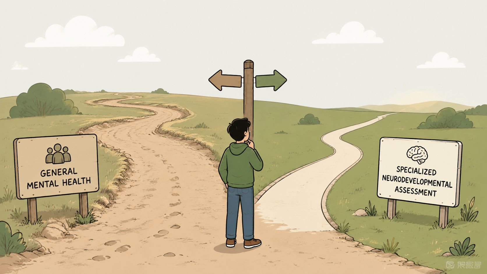 A person standing at a crossroads deciding between general mental health care and a specialized neurodevelopmental assessment.