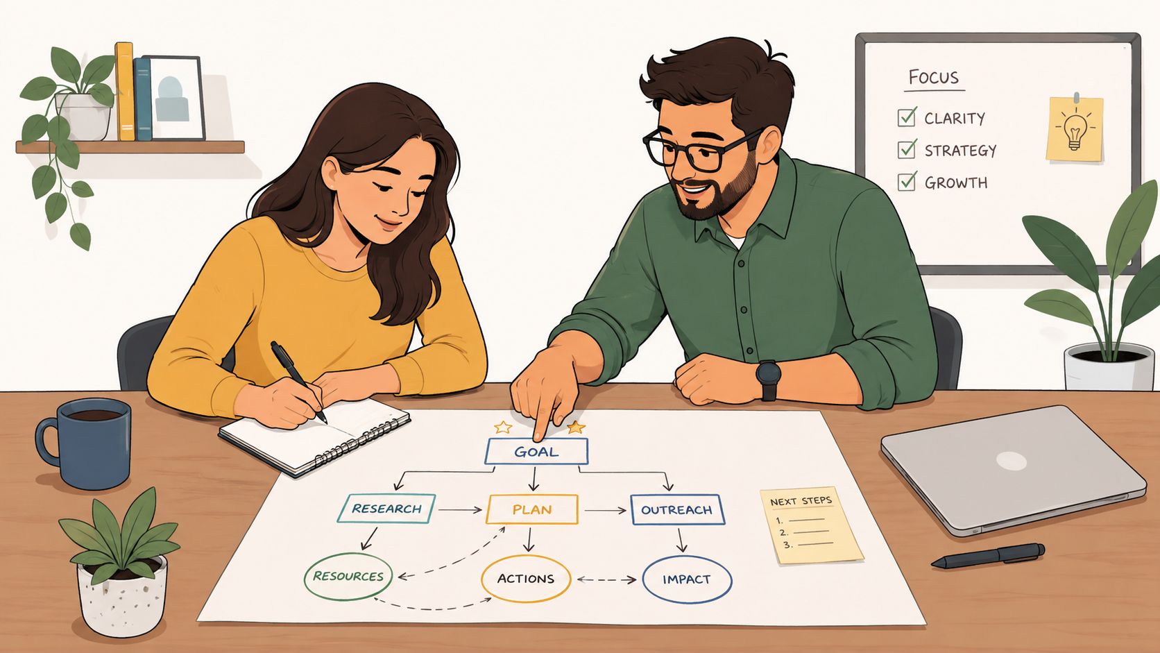 A professional executive functioning coach working with a student on a strategy planning flowchart at a desk.