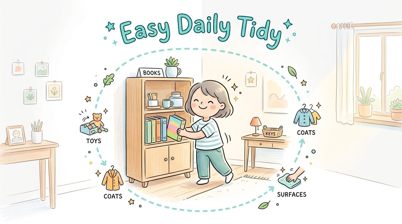 A friendly illustration showing a girl tidying her room with simple steps for a daily clean.