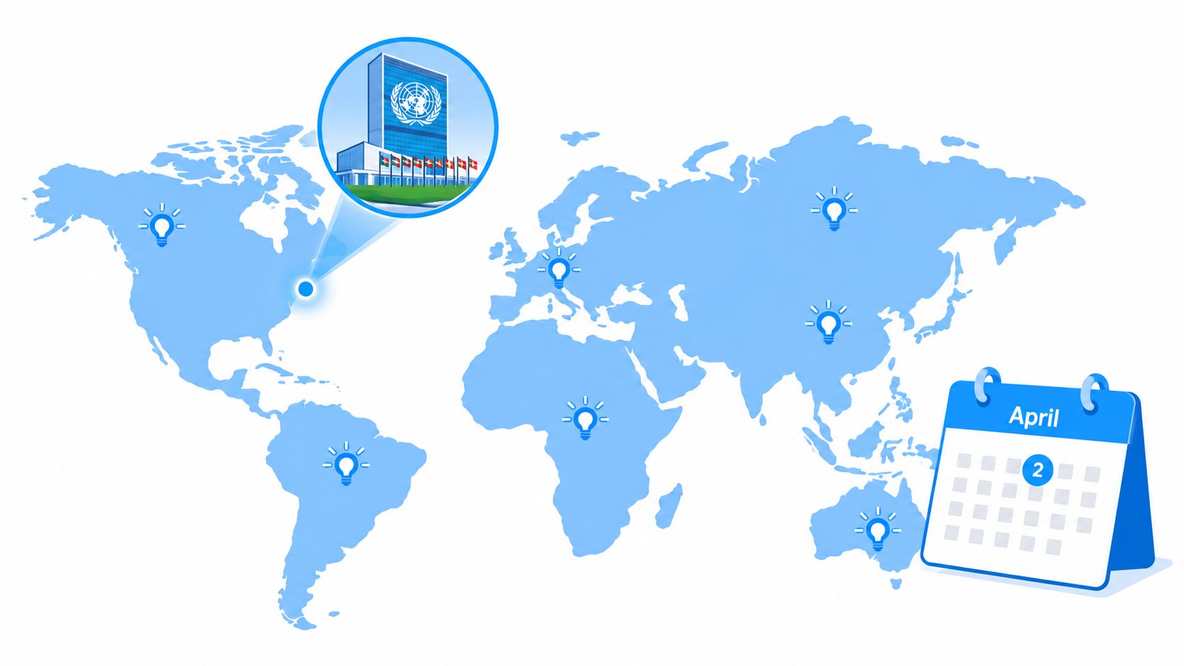 A map of the world with light bulb icons and a United Nations headquarters illustration, dated April 2nd.