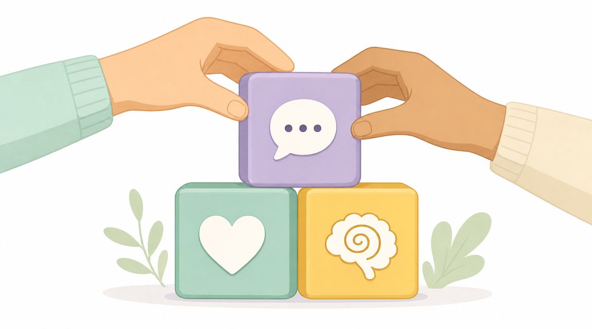 Two hands working together to stack colorful cubes featuring a heart, a brain, and speech bubble icons.