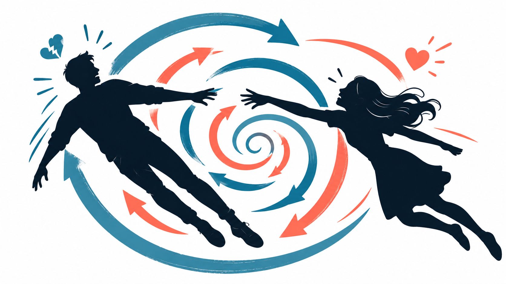 A male and female silhouette floating towards each other amidst swirling arrows representing a relationship dynamic.