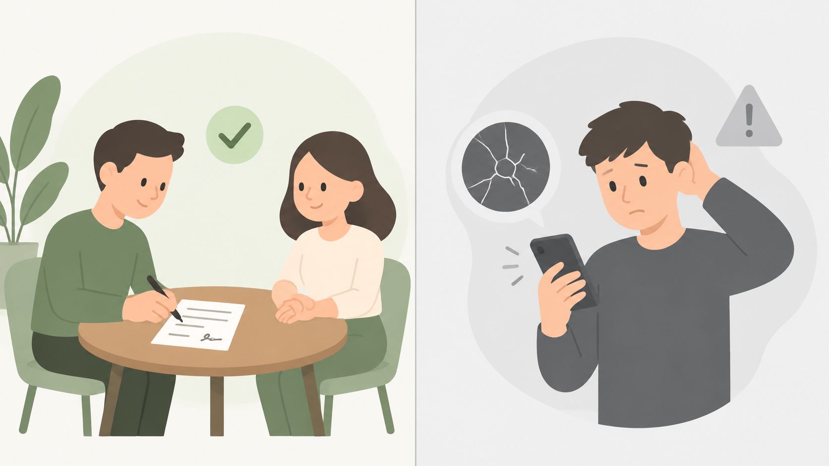 A split illustration showing a couple signing a document and a man looking distressed at a broken phone.
