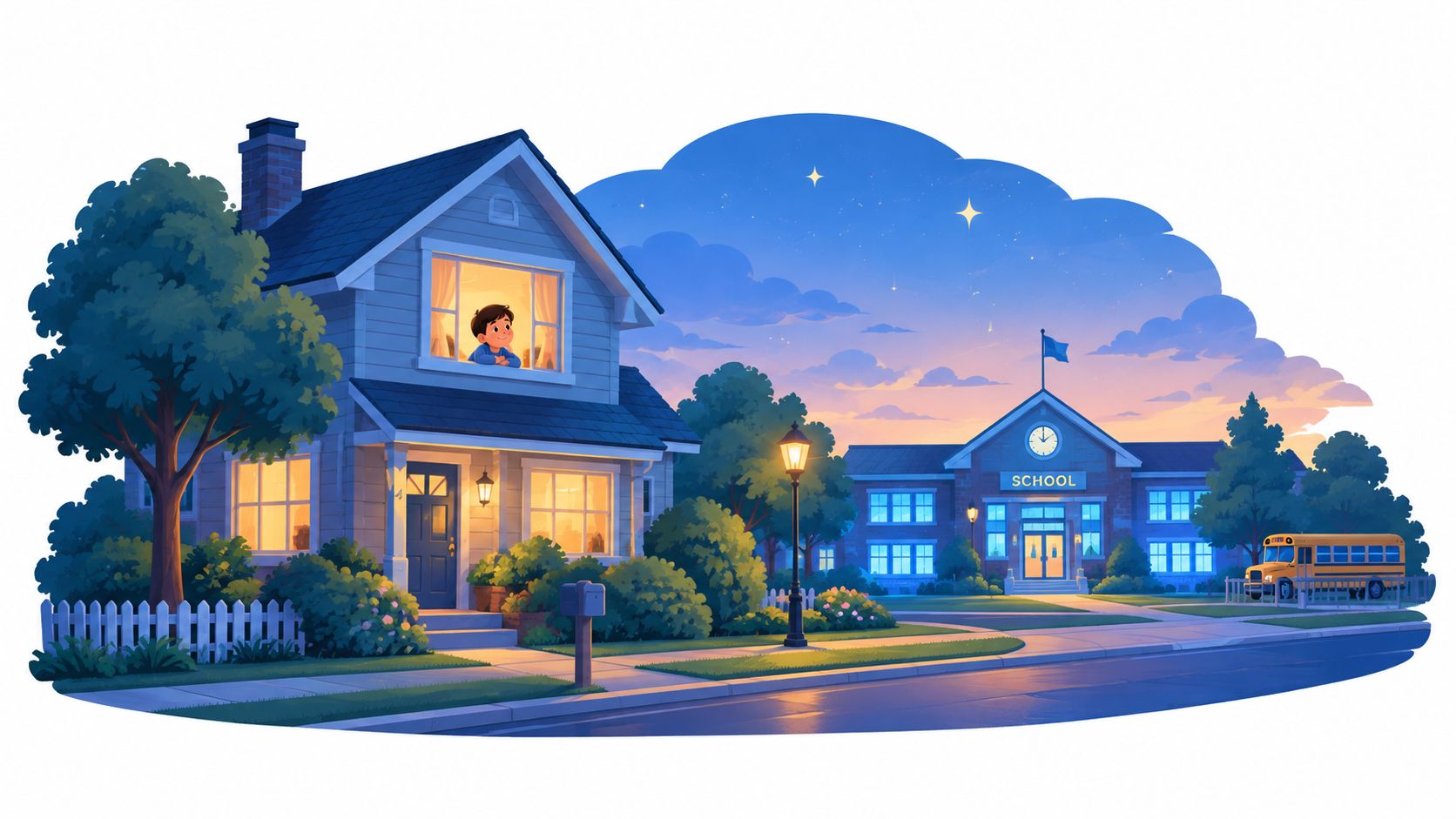 A young boy looking out of a house window at dusk near a glowing school building.
