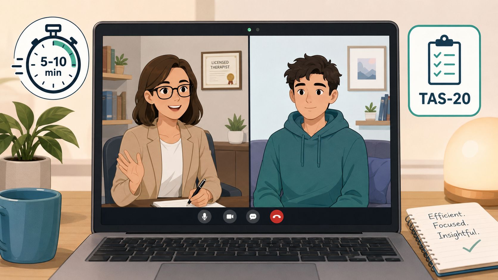 A digital illustration showing a therapist and patient in an online video call session using TAS-20 assessment.