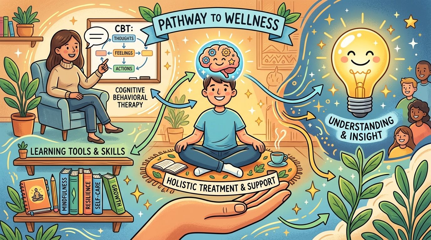 An illustration showing a path to wellness through therapy, personal growth, learning tools, and emotional understanding.
