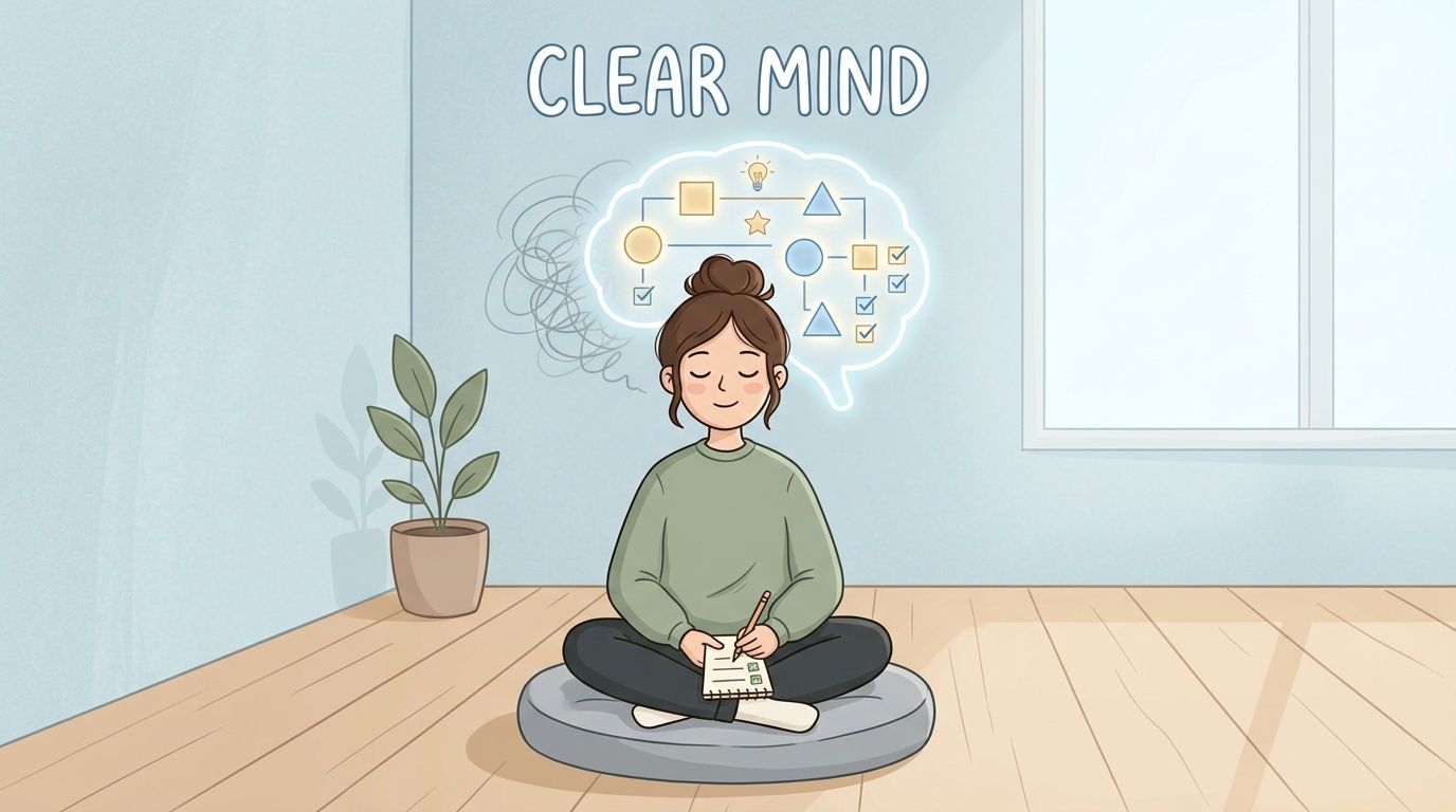 A girl sitting on a cushion, meditating with a clear mind and organized thoughts illustrated above her.