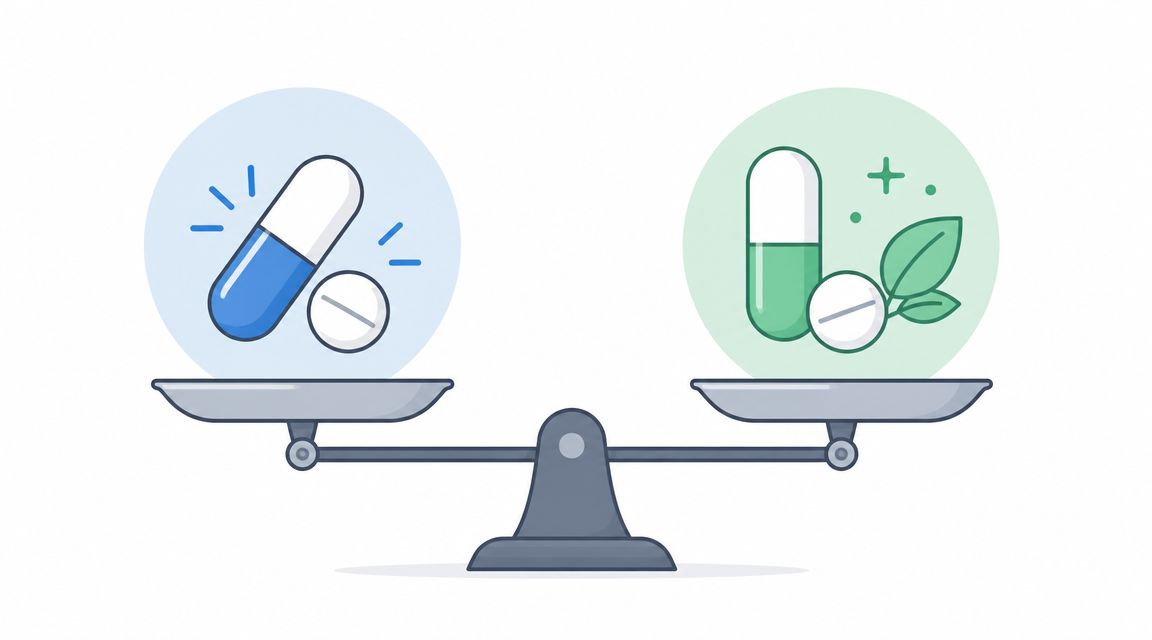 A balanced scale comparing a pharmaceutical capsule and pill against a natural herbal capsule and pill.