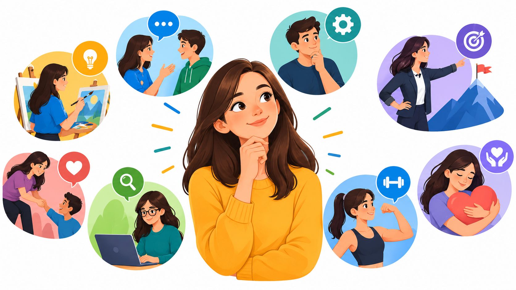 A woman surrounded by circular illustrations representing various life activities, personal growth, and career goals.