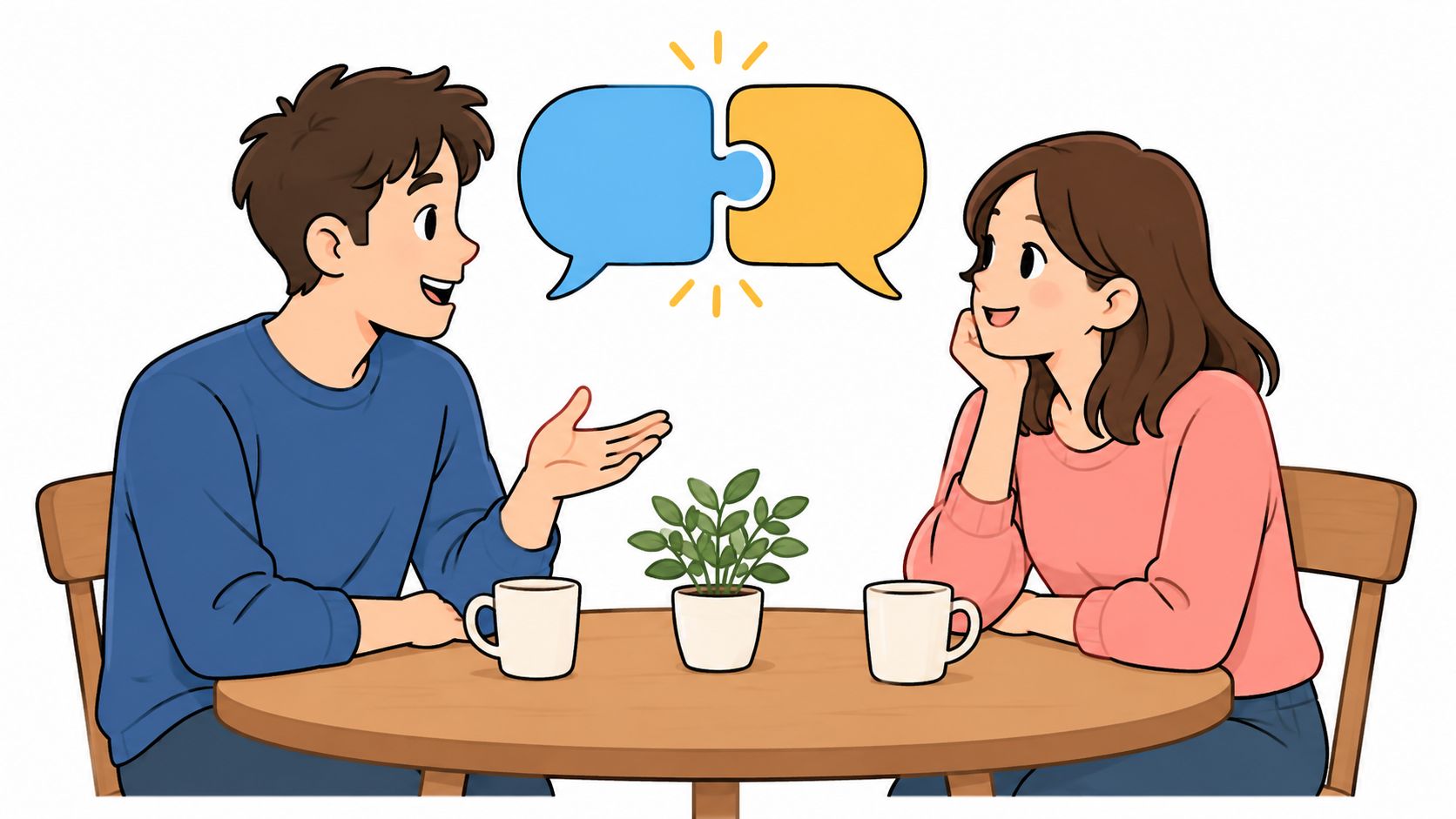 A young couple sitting at a cafe table talking with speech bubbles shaped like puzzle pieces.