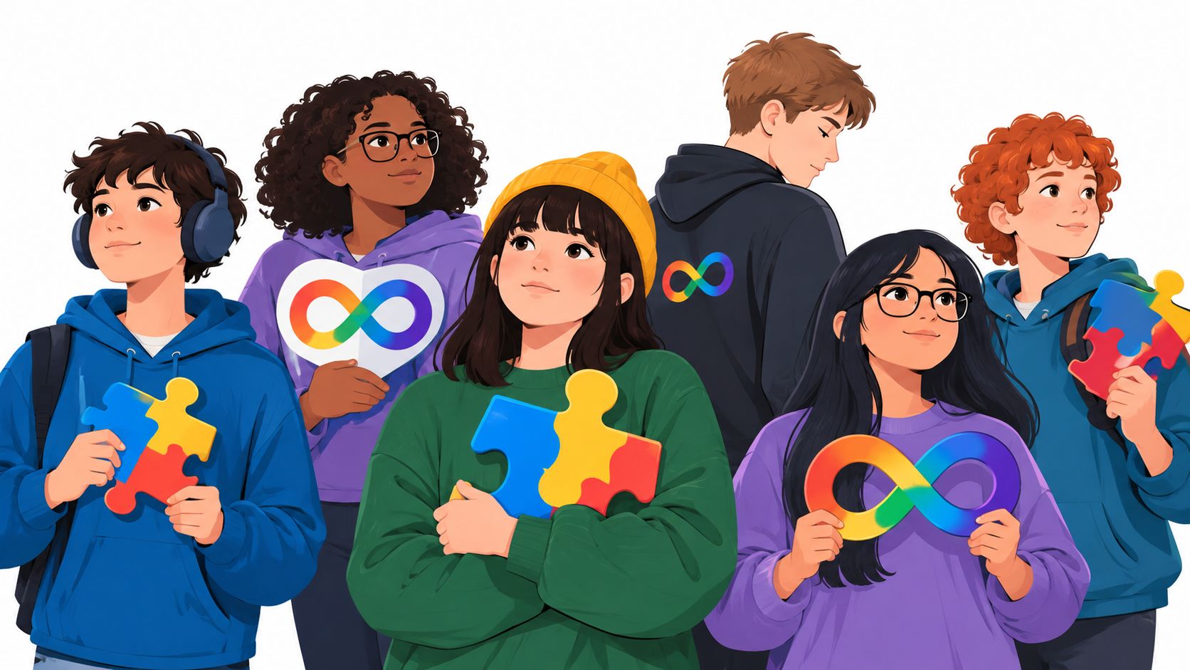 A diverse group of young adults holding rainbow infinity symbols and puzzle pieces, celebrating neurodiversity awareness.