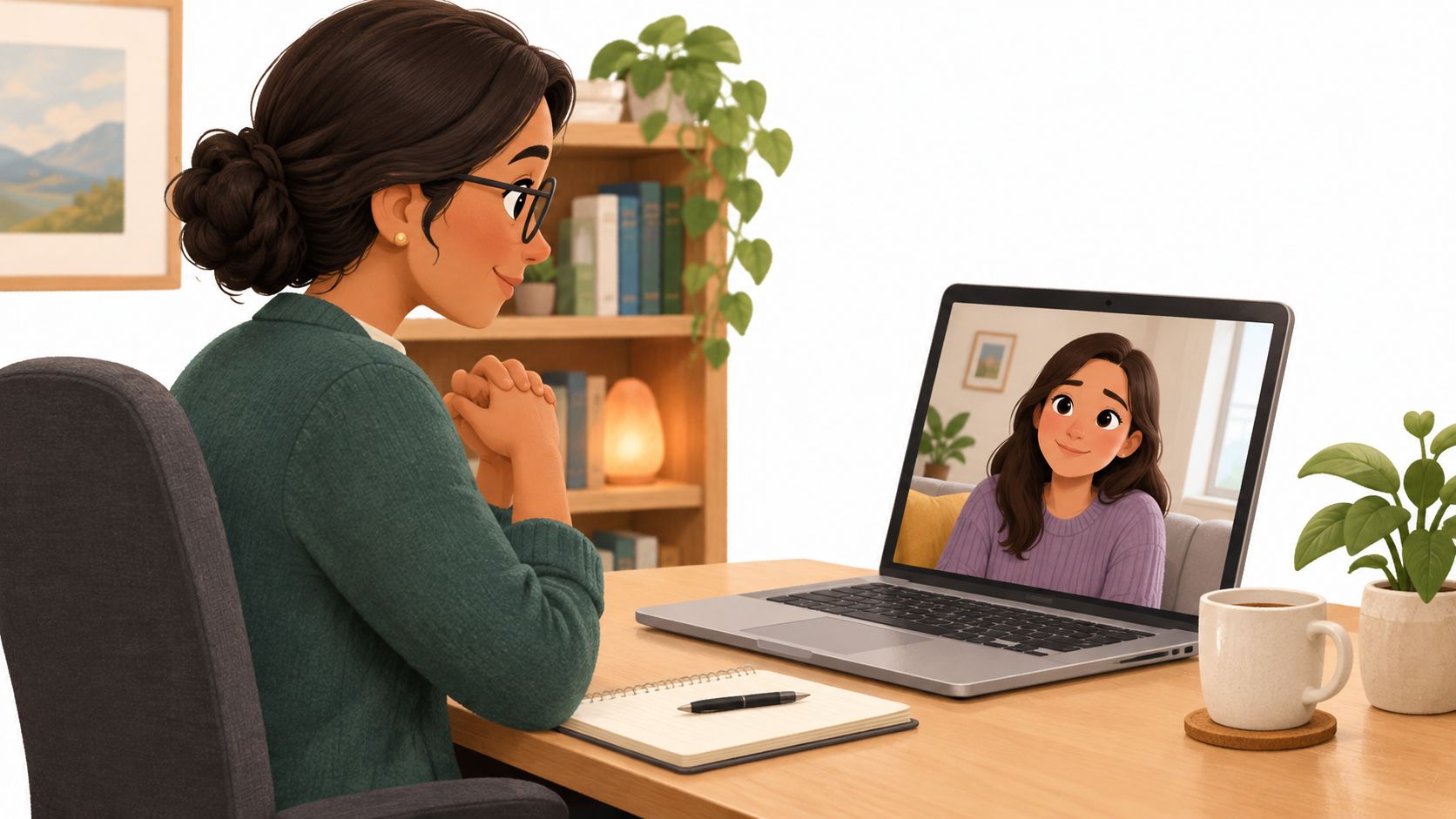 A professional woman in a green sweater video conferencing with a colleague on her laptop at home.