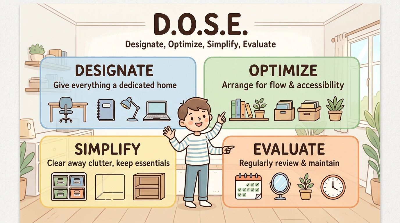 An infographic illustrating the D.O.S.E. method for home organization with tips for designating, optimizing, simplifying, and evaluating spaces.