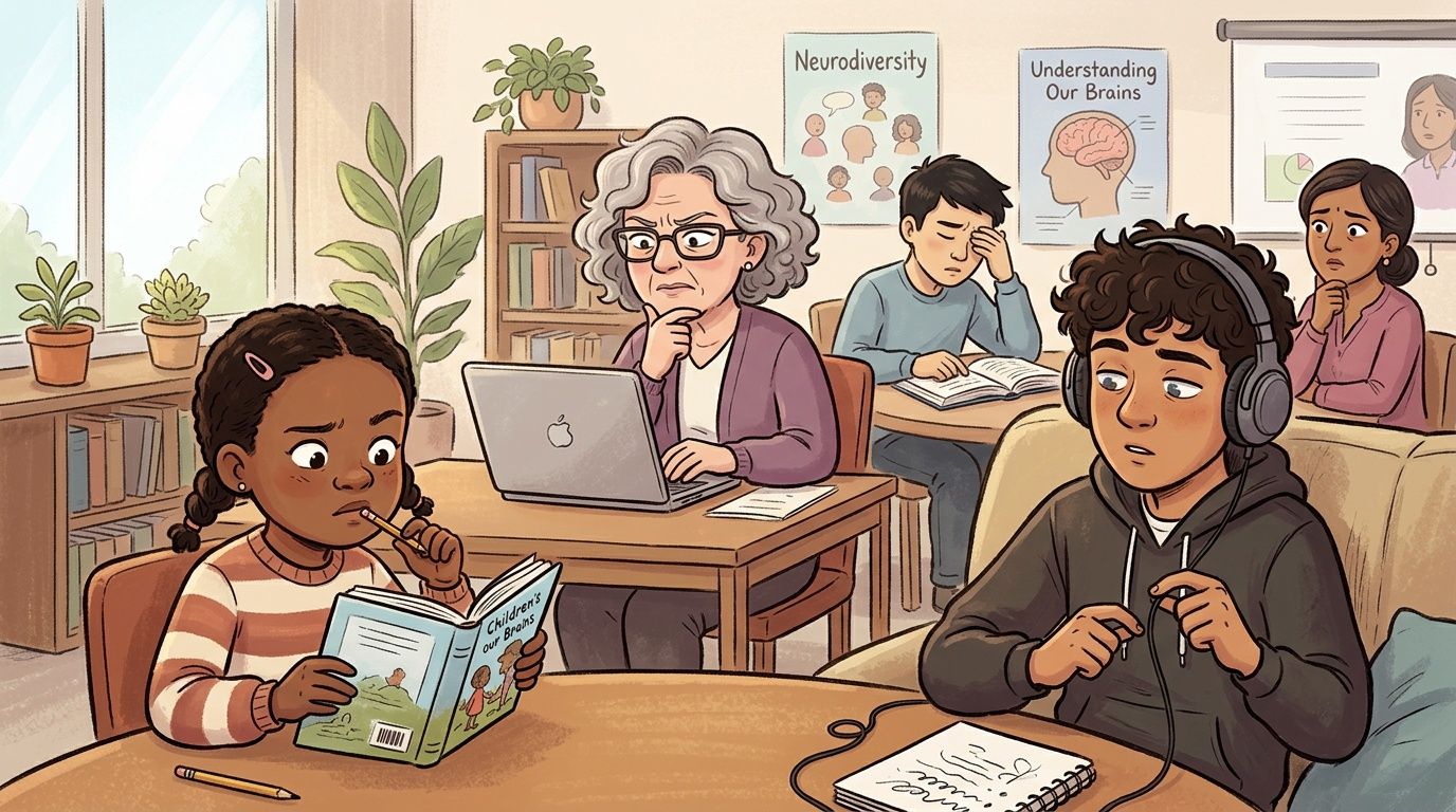 A classroom scene featuring students and a teacher, representing themes of dyslexia and ADHD neurodiversity.