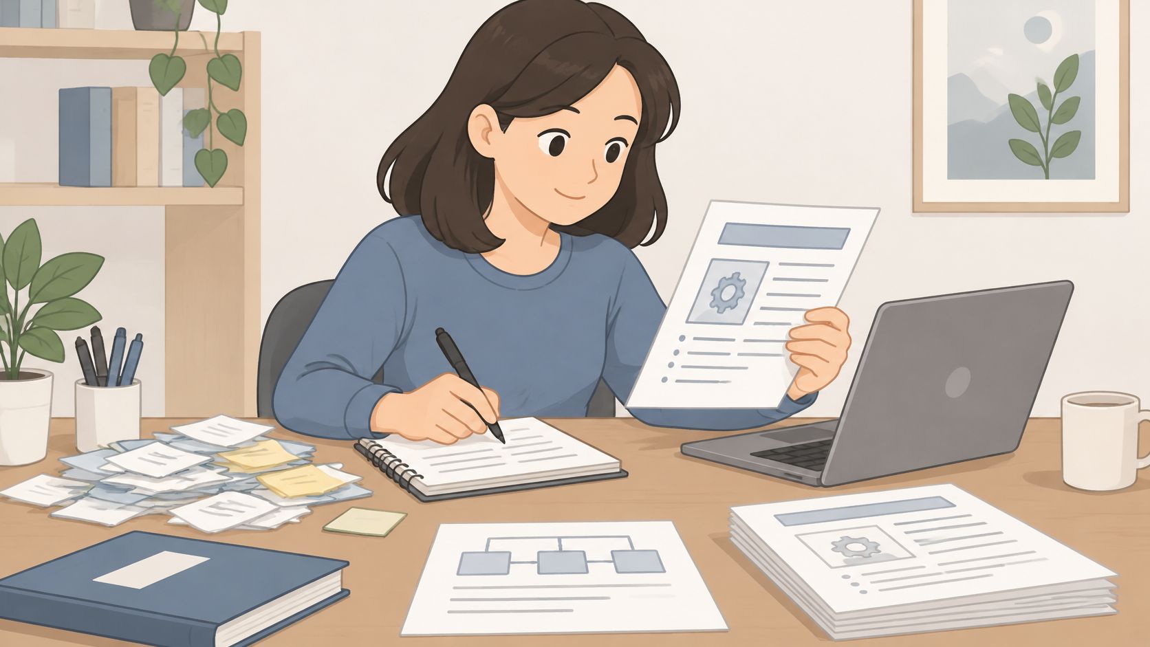 A woman working at a tidy desk with papers, a laptop, and a notepad in a cozy room.
