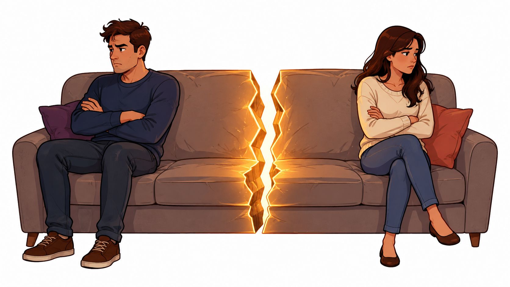 A couple sitting on opposite ends of a split couch, looking away from each other in silence.