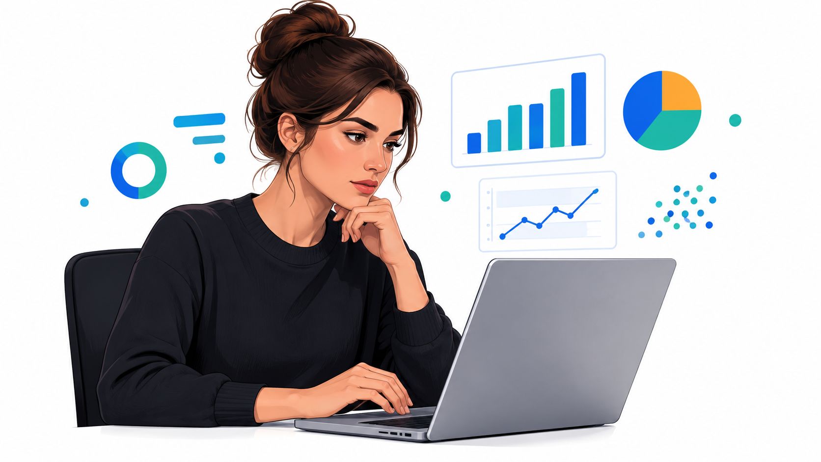 A woman working on a laptop surrounded by digital data visualization charts and graphs representing professional analytics.