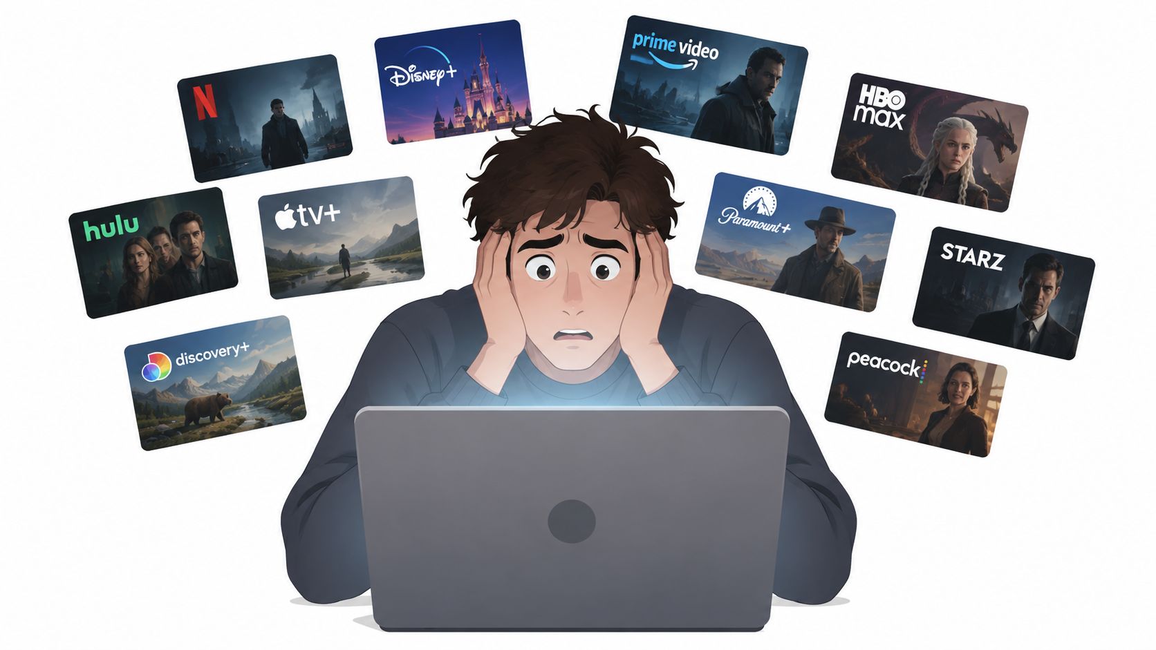 A person looking overwhelmed at a laptop surrounded by floating icons of various popular streaming service platforms.