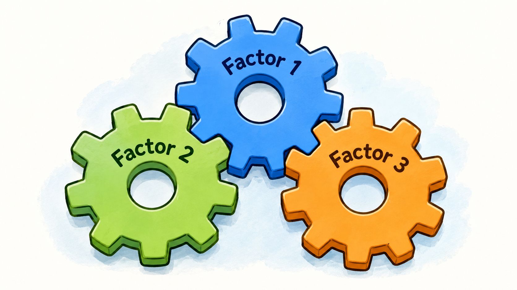 Three interlocking colorful gears labeled Factor 1, Factor 2, and Factor 3 on a white background.