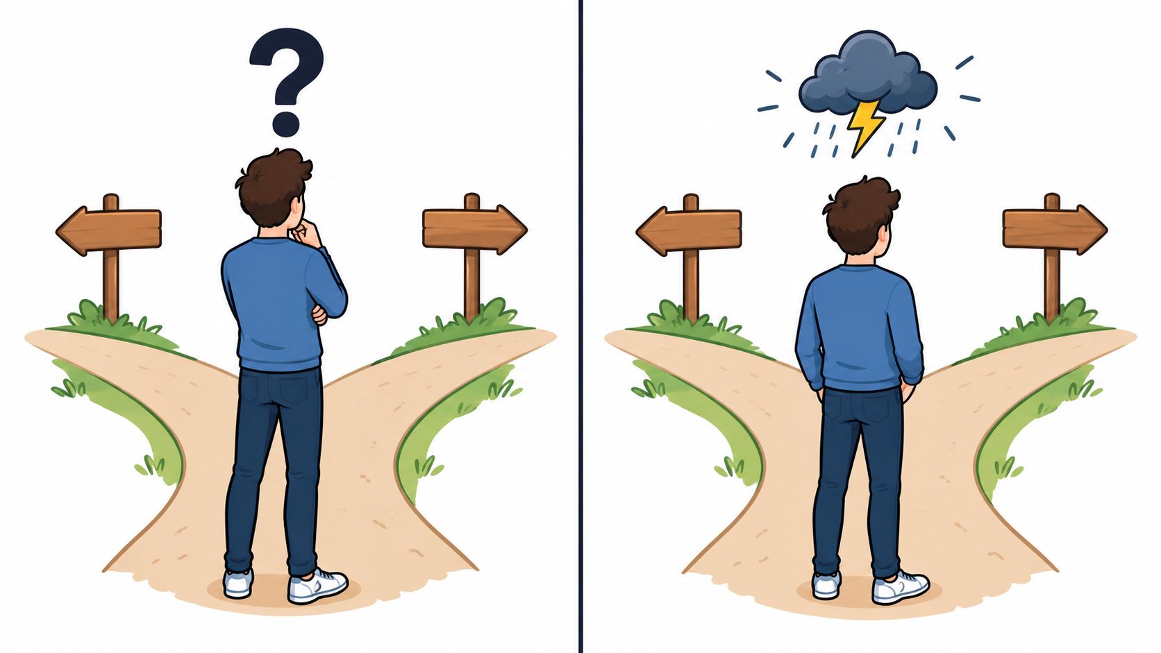 A conceptual illustration of a person facing a fork in the road reflecting on decision making.