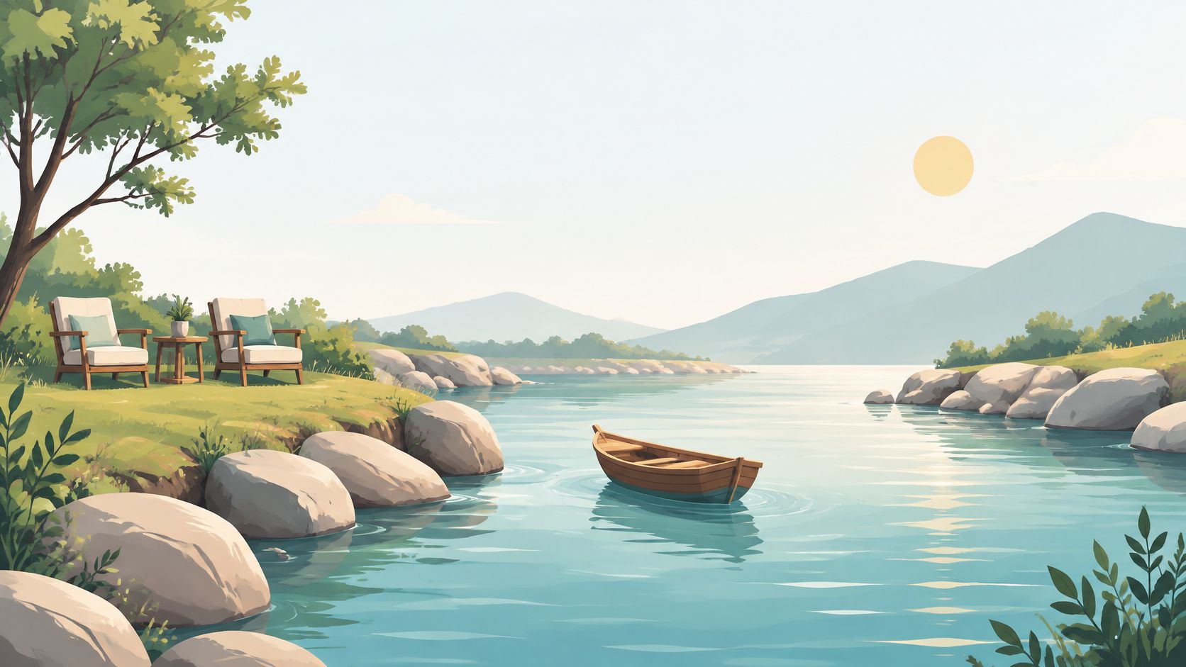 A serene lakeside scene featuring two wooden chairs and a boat resting on the calm water.