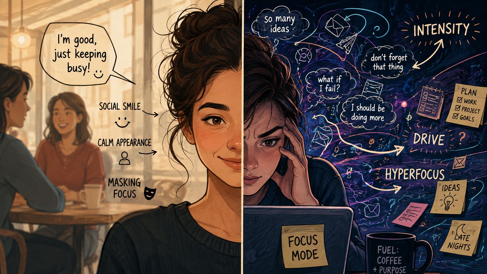 A split-screen illustration showing an alpha female personality balancing a composed social mask with internal mental intensity.