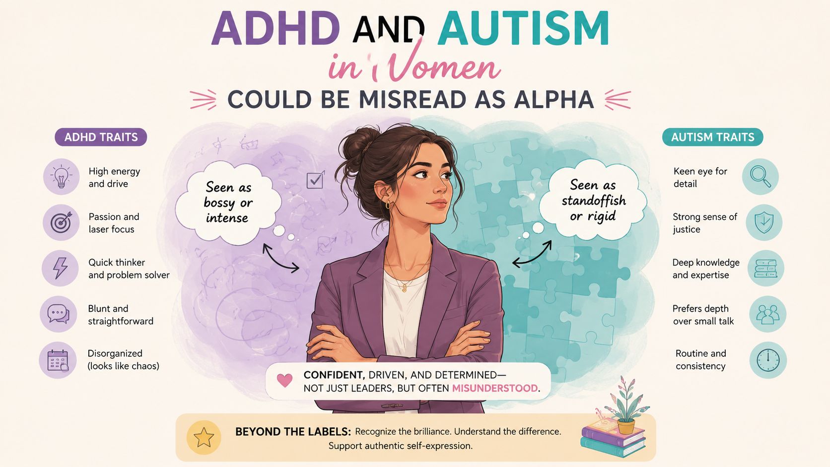 An infographic illustrating how ADHD and autism traits in women are often misunderstood as alpha personality characteristics.