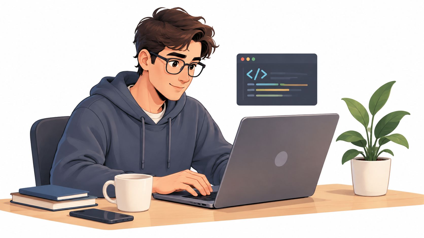 A focused young man wearing glasses and a hoodie, coding on a laptop at his desk.