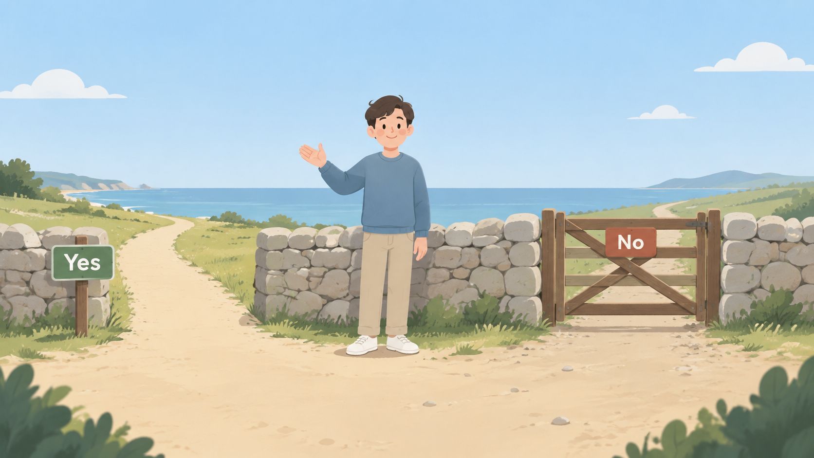A friendly illustration of a man standing between two paths, one marked with Yes and one with No.