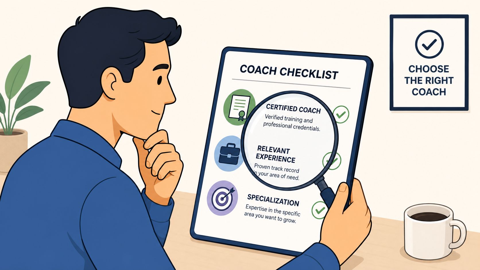 A person examining a coach checklist with a magnifying glass to select the right professional coach.