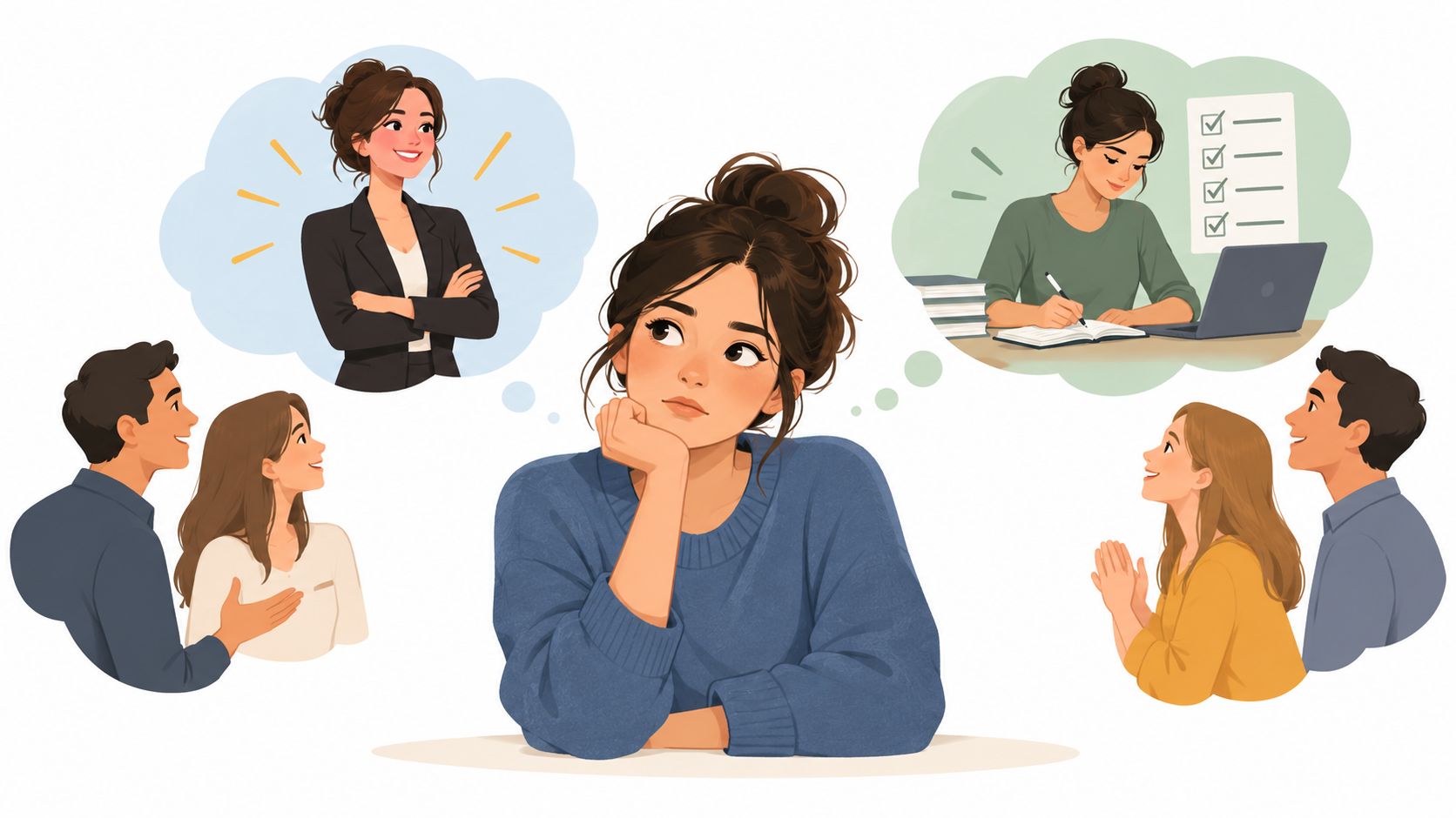 A pensive young woman contemplating career professional goals versus academic productivity and personal achievement choices.