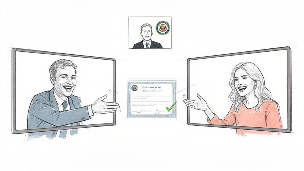 A man and woman virtually interact on screens, celebrating a completed official document like a marriage certificate.