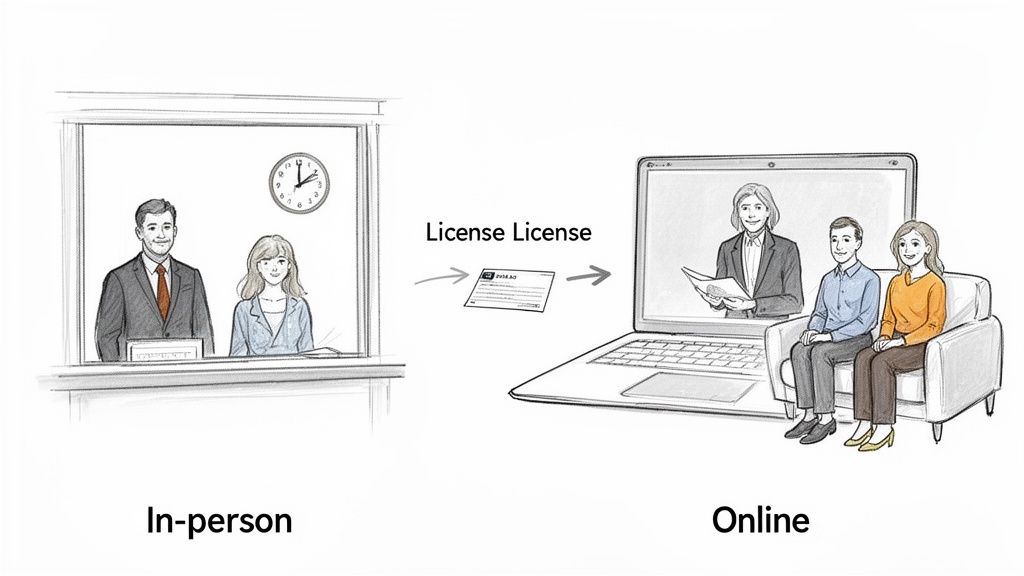 Illustration showing the transition from in-person license services to online services with a virtual agent.