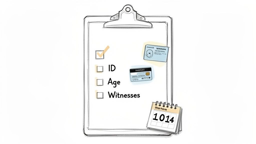 Checklist for requirements, including ID, Age, and Witnesses, with passport and ID cards, next to a calendar.