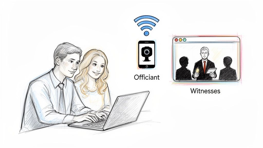 A couple uses a laptop for an online ceremony, connected via Wi-Fi to an officiant and witnesses in a video call.