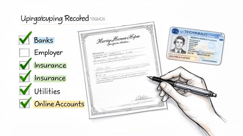 A checklist for updating records after a name change, with a hand signing a document and an ID card.