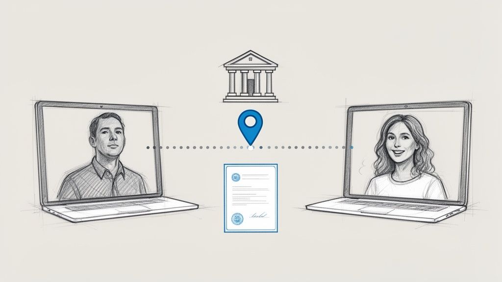 Sketch illustration of a man and a woman conducting an online legal transaction, involving a document and a building.
