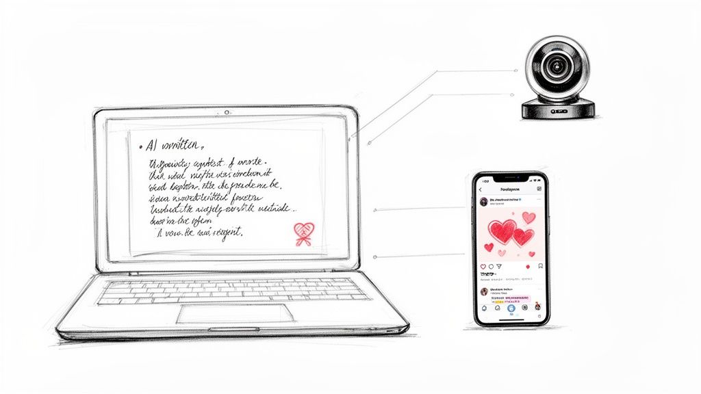 A webcam connected to a laptop displaying handwritten text with a heart, linked to a smartphone showing social media hearts.
