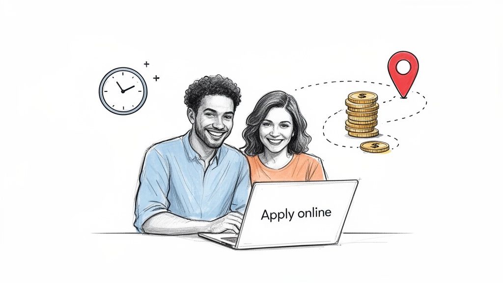 Smiling couple applies for a marriage certificate online using a laptop, with icons for time, money, and location.