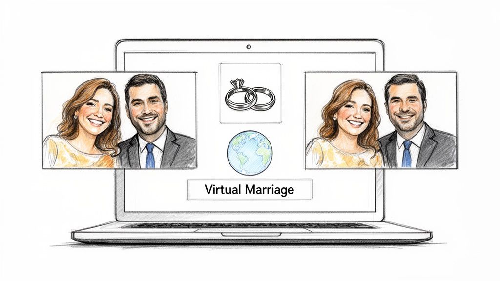 A smiling couple in virtual video calls on a laptop screen for an online marriage ceremony.