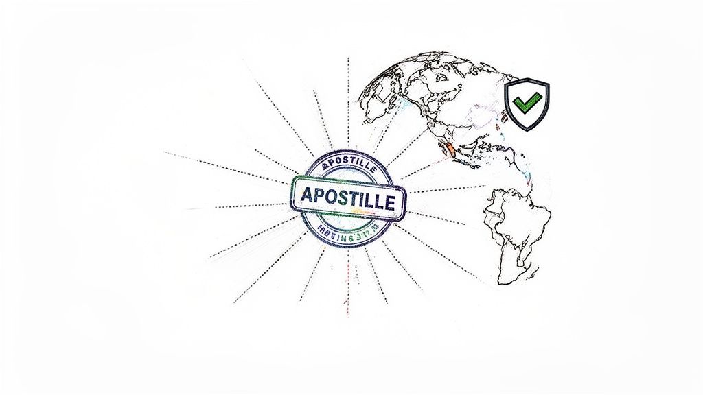 A world map featuring an 'APOSTILLE' stamp and a security shield, representing global legal verification.