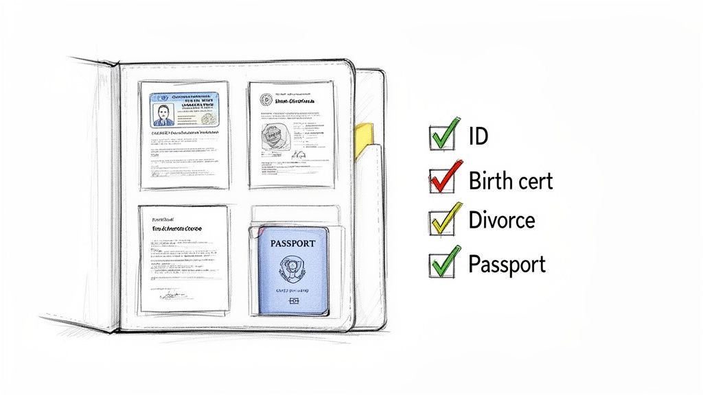 An open binder displaying an ID, a birth certificate, a divorce document, and a passport, with a checklist of verified documents.