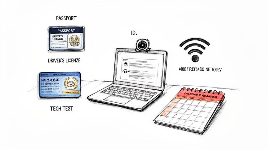 Illustration showing passport, driver's license, laptop with webcam, and calendar for ID verification.