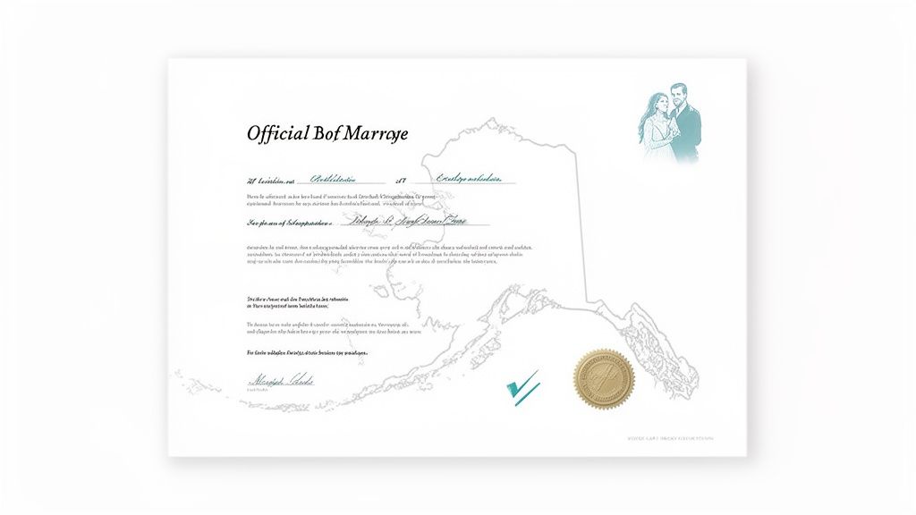 Official marriage certificate on white paper, featuring a map of Alaska and a classic couple illustration.