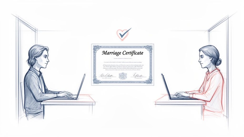 A sketch depicts a man and woman completing an online marriage ceremony on laptops, with a certificate.