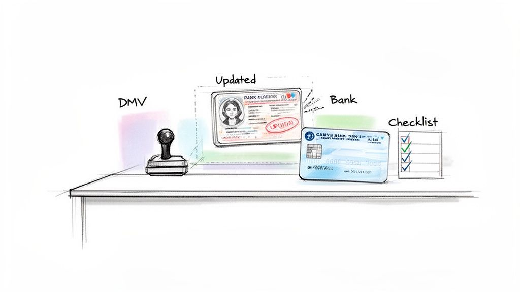 A sketch illustrating the process of updating personal documents like an ID, bank card, and checklist.