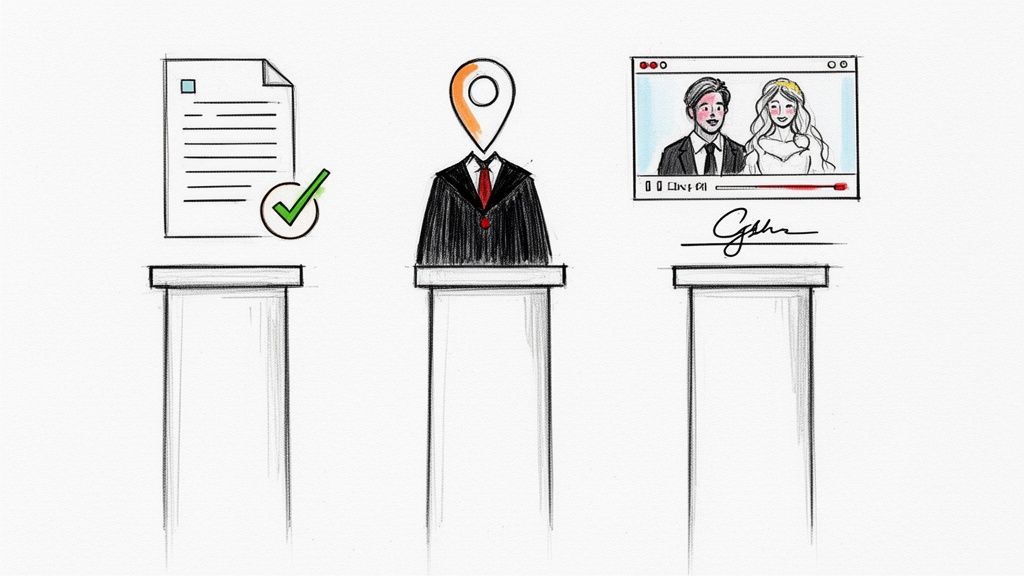 Illustration showing three pillars for online marriage: document approval, officiant, and virtual couple with signature.