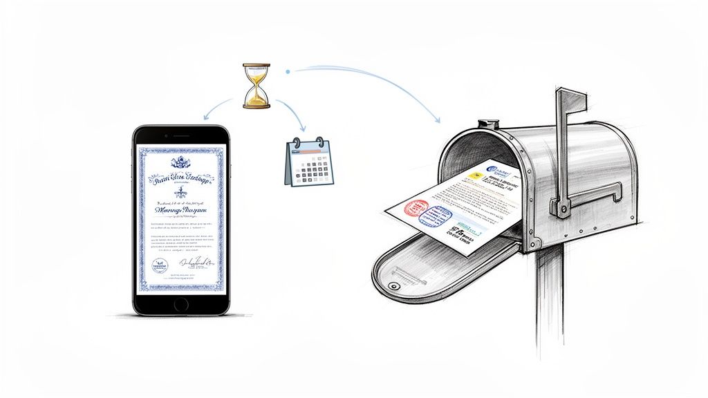 Digital marriage certificate application on a phone with an hourglass and calendar leading to mail delivery.