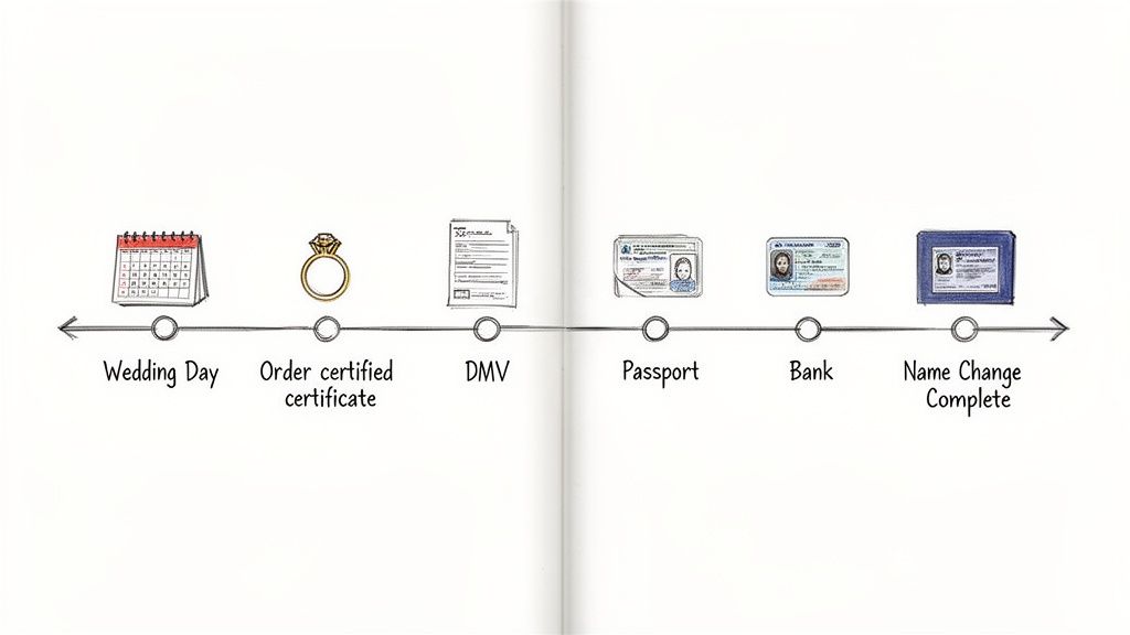 Timeline illustrating the six steps for a name change after marriage, from wedding day to completion.
